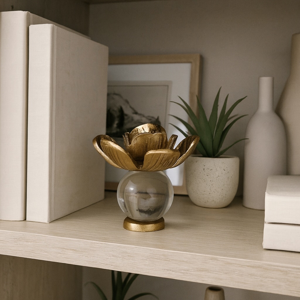 Metal Sculpture Flower Statue with Orb Base Decorative Style - 5" Gold - 5.5" x 5.5" x 5"