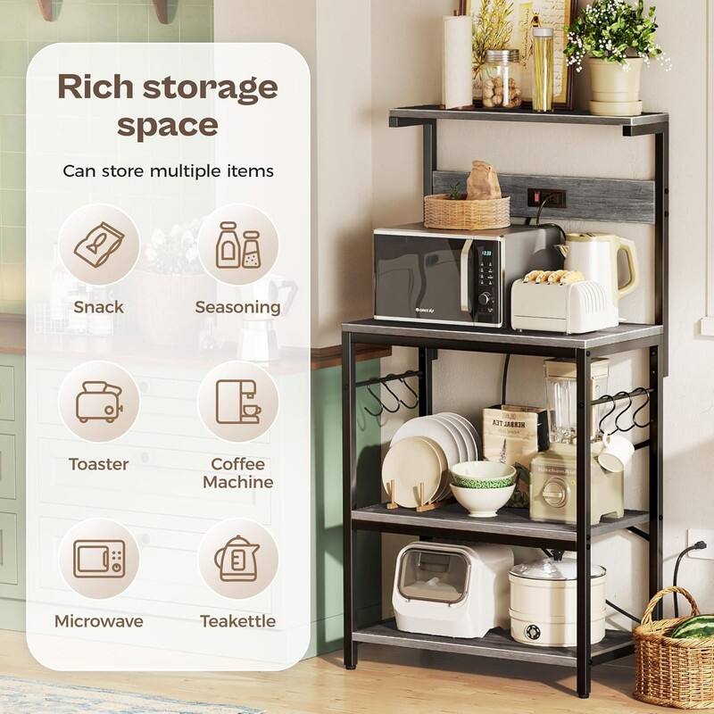 Kitchen Bakers Rack with Power Outlet, Coffee Bar Table 4 Tiers - 16.5"D x 23.6"W x 50.6"H