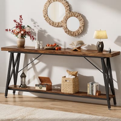 70.9'' Extra Long Console Table Sofa Table with Charging Station and Storage Shelf,Industrial Hallway Entry Table