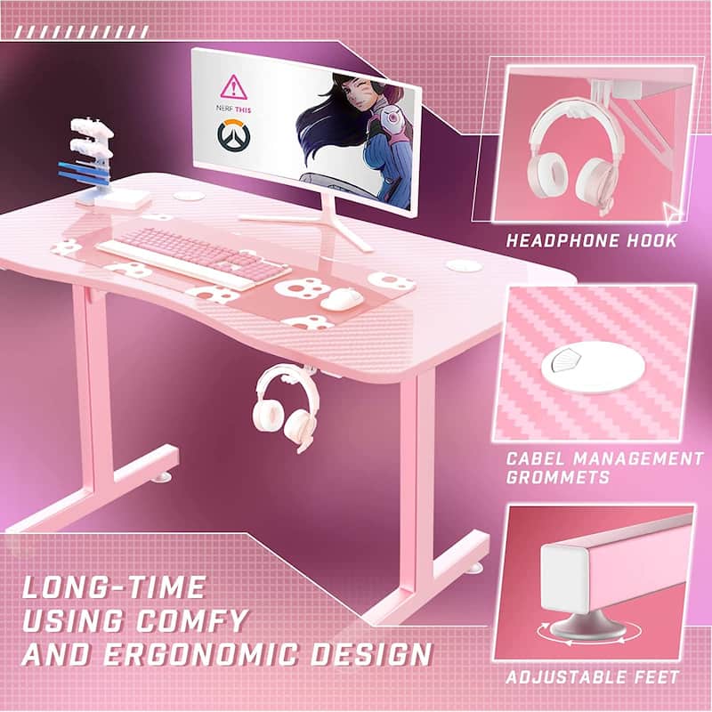 BOSSIN Ergonomic Gaming Desk T-Shaped Office PC Computer Desk with Full Desk Mouse Pad, Handle Rack, Cup Holder Headphone Hook
