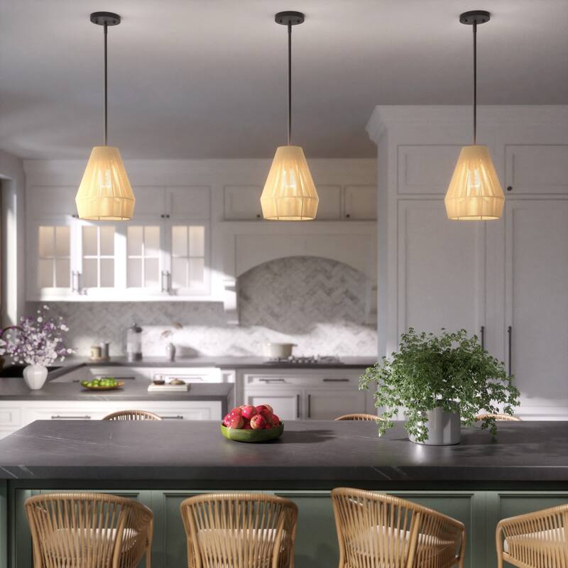 Acroma 1-light Farmhouse Coastal Boho Rattan Kitchen Island Pendant - 10'' D * 62'' H