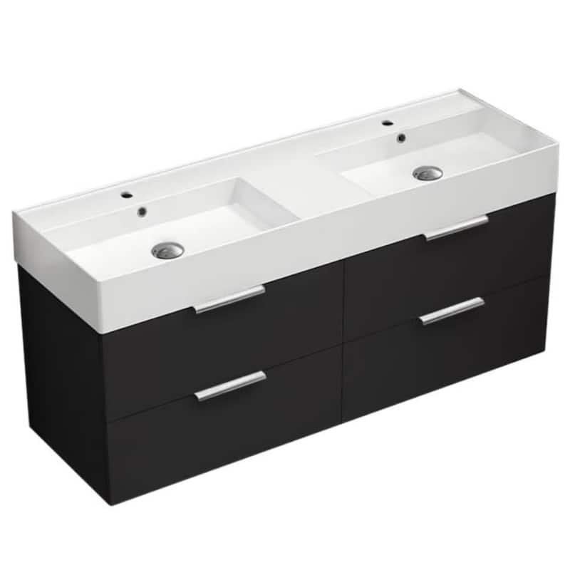 Nameeks Derin-5618-W-2 Derin 54" Wall Mounted Double Basin Vanity Set - Matte Black / Polished Chrome - Anthracite Finish