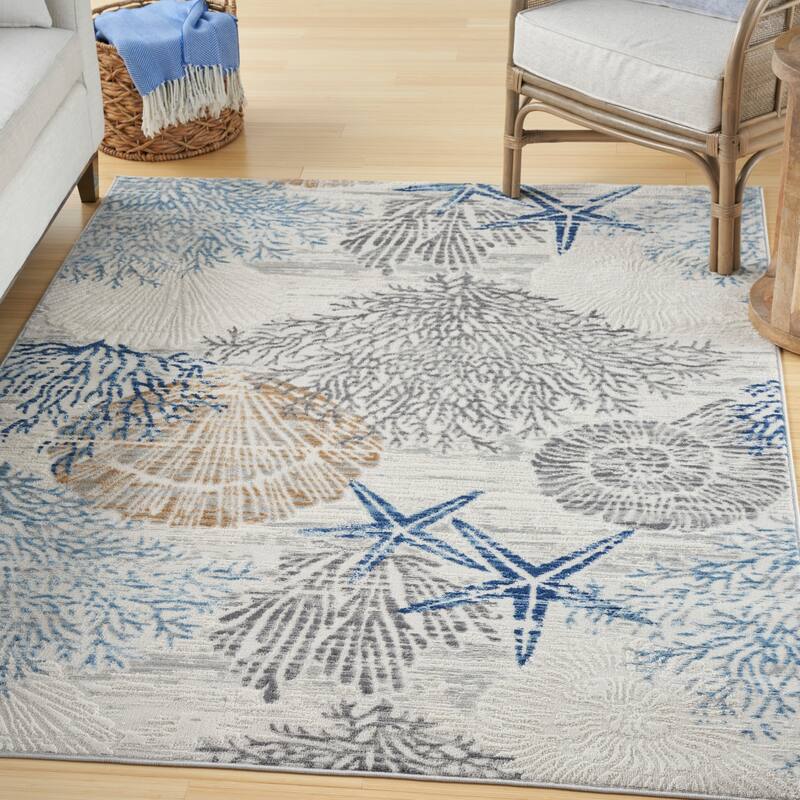 Nourison Pompeii Coastal Beach Shells and Coral Area Rug - 5'3" x 7'3" - Ivory Grey Blue