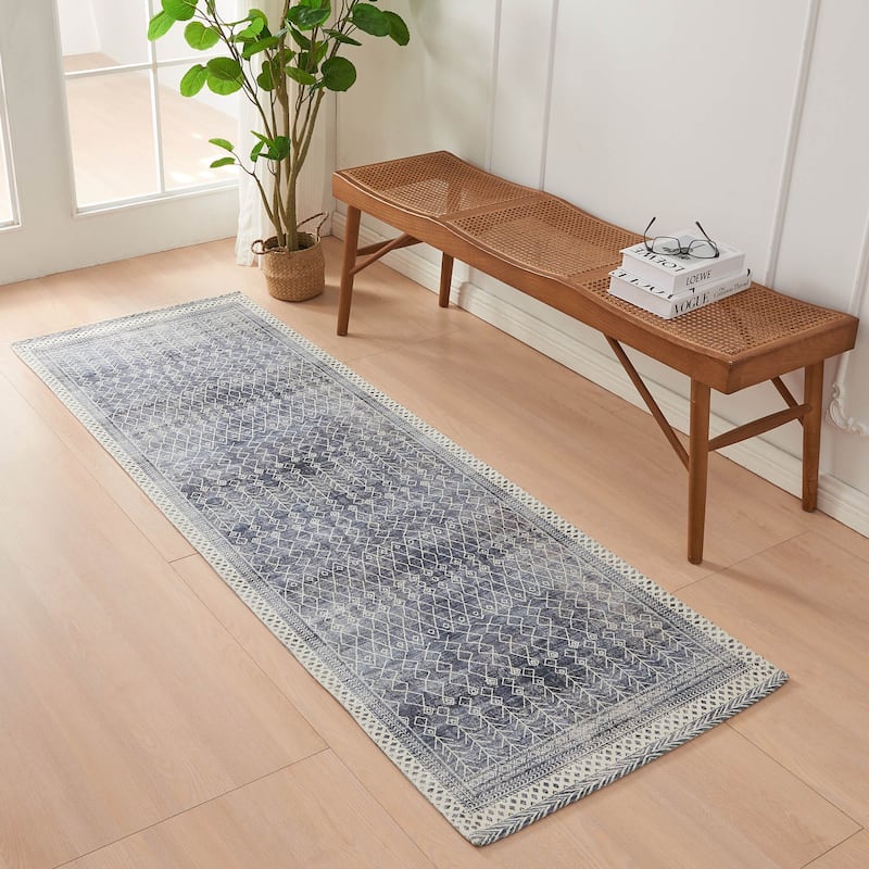 Linery & Co. Machine Washable Slip Resistant Vintage Inspired Patterned Accent Rugs - 2’4” x 7’ - Blue
