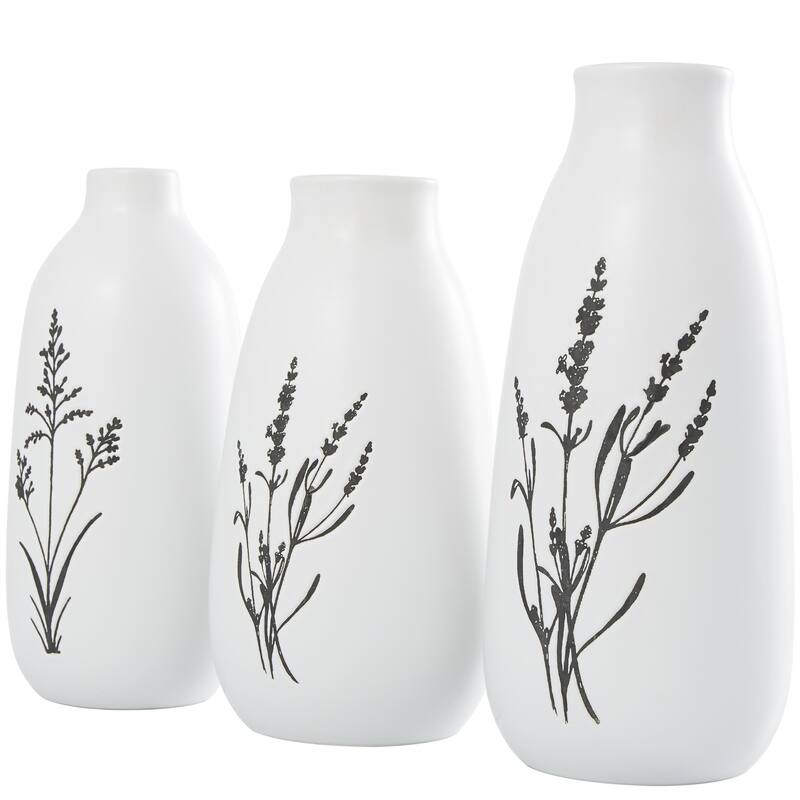 Ceramic Decorative Vase with Black Lavender Prints - Set of 3 White - Roche River Decor