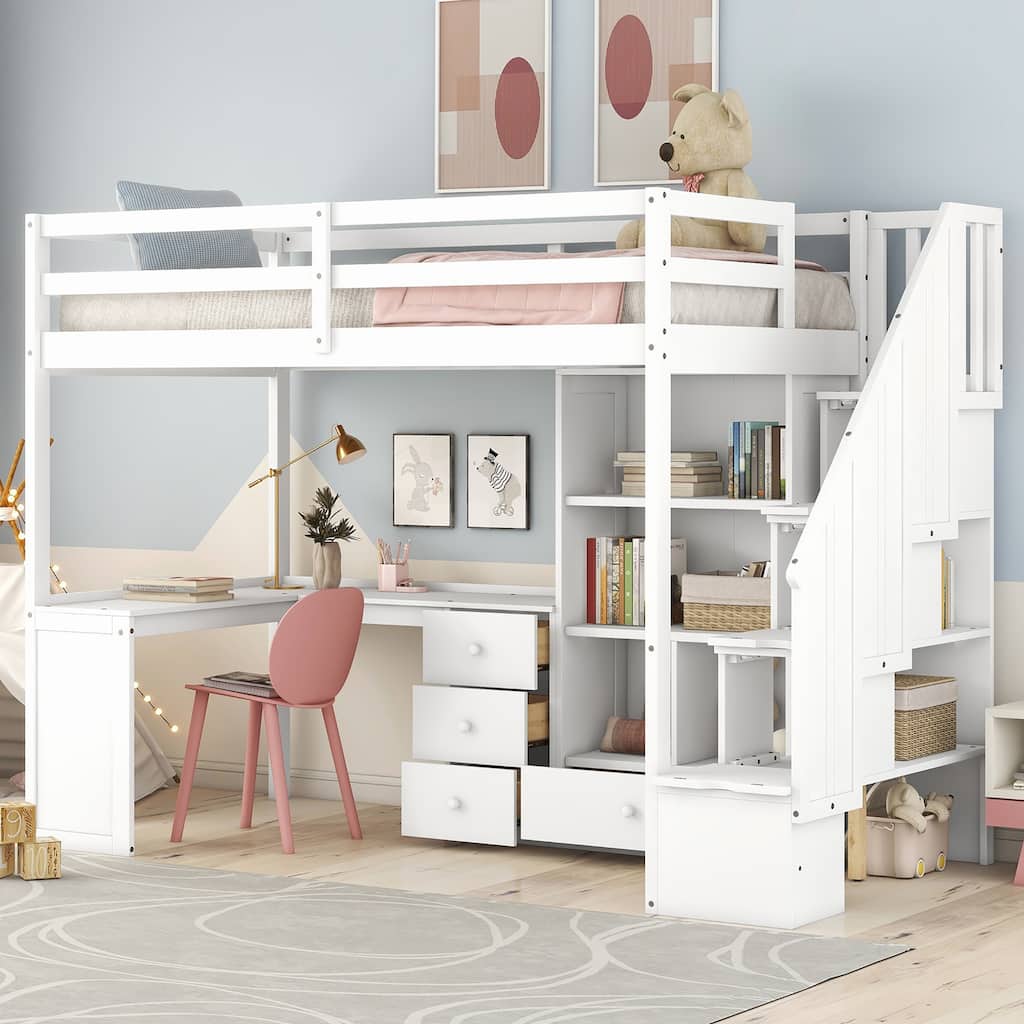 Twin Loft Bed with L-Shaped Desk, Drawers, Cabinet, and Storage Staircase, White