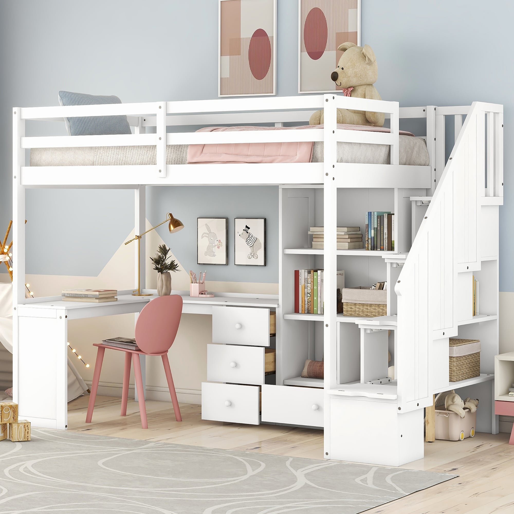 Twin Size Loft Bed with Desk Drawers, L-Shaped Loft Bed Frame