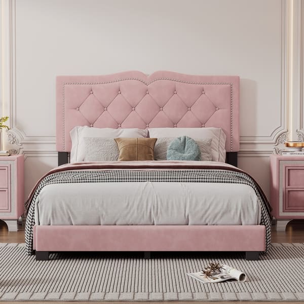 slide 2 of 7, Full Size Velvet Upholstered Bed with Tufted Headboard and Rivet Design, No Box Spring Needed Pink - Full