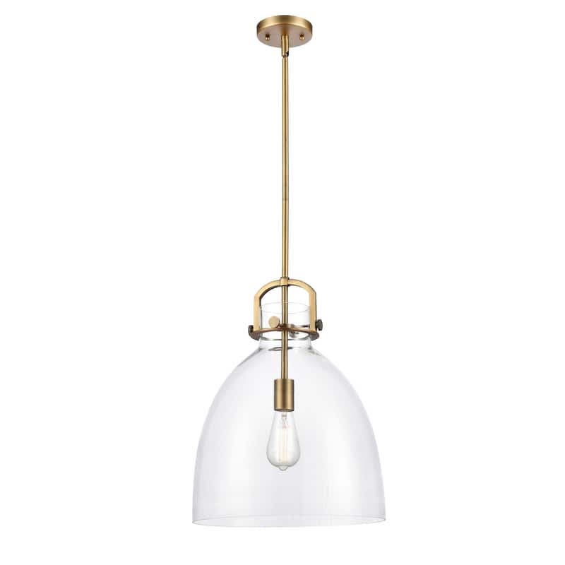 Innovations Lighting Newton Bell - 1 Light 14" Stem Hung Pendant - Clear/Brushed Brass