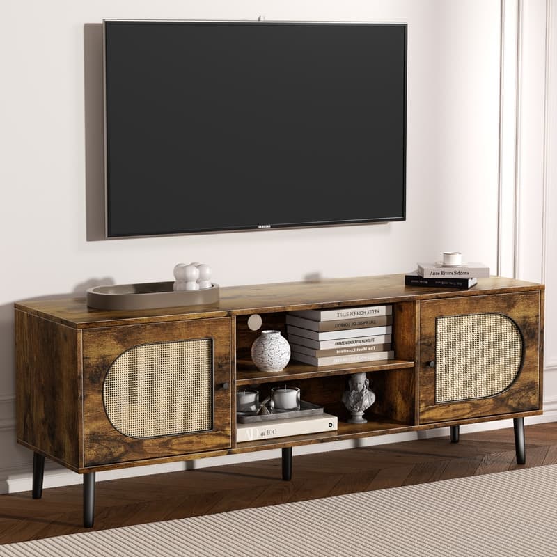 Mixoy Boho TV Stand for TV up to 65",Entertainment Center with Storage Cabinets,Shelf and Rattan Decorative Doors - 55 inches