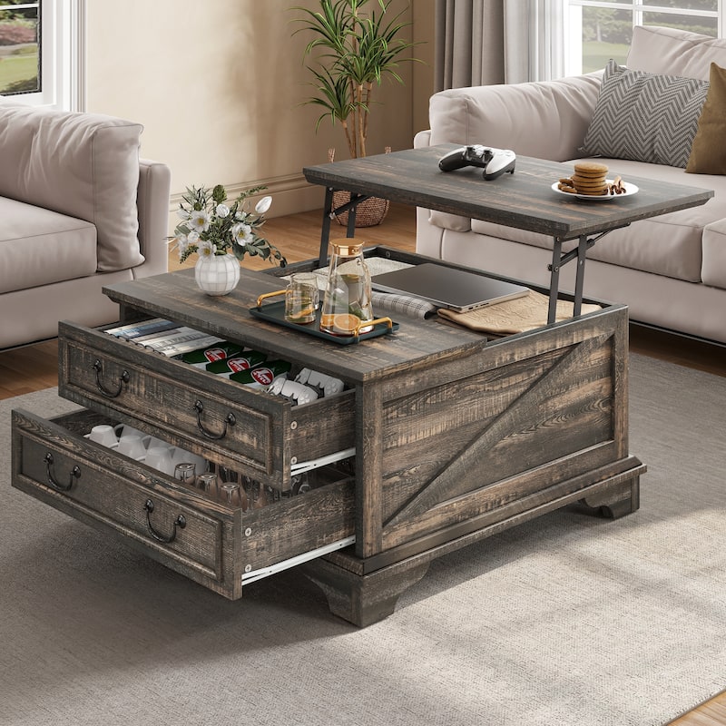 Moasis Farmhouse 31" Lift Top Square Coffee Table with 2 Drawers and Hidden Storage - Oak