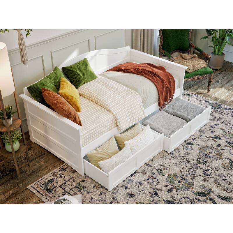 Twin Daybed with Drawers - White Wood Frame, Modern Design, Storage Bed
