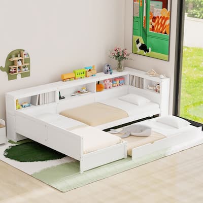 Wood Twin Size L-Shaped Platform Bed With Trundle And A Drawer