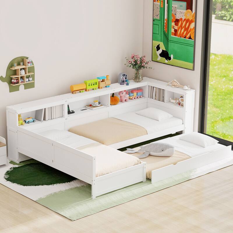 Wood Twin Size L-shaped Platform Bed with Trundle and a Drawer, White - White