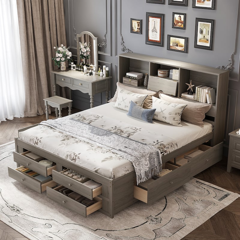 Gray King Size Modern Wooden Platform Bed with Storage Headboard and 8 Drawers for Bedroom