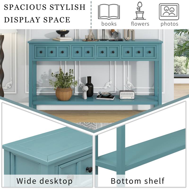 60" Long Sofa Table Entryway Console Table with 4 Drawers & Storage Shelf for Living Room Hallway Side Table, Turquoise Green