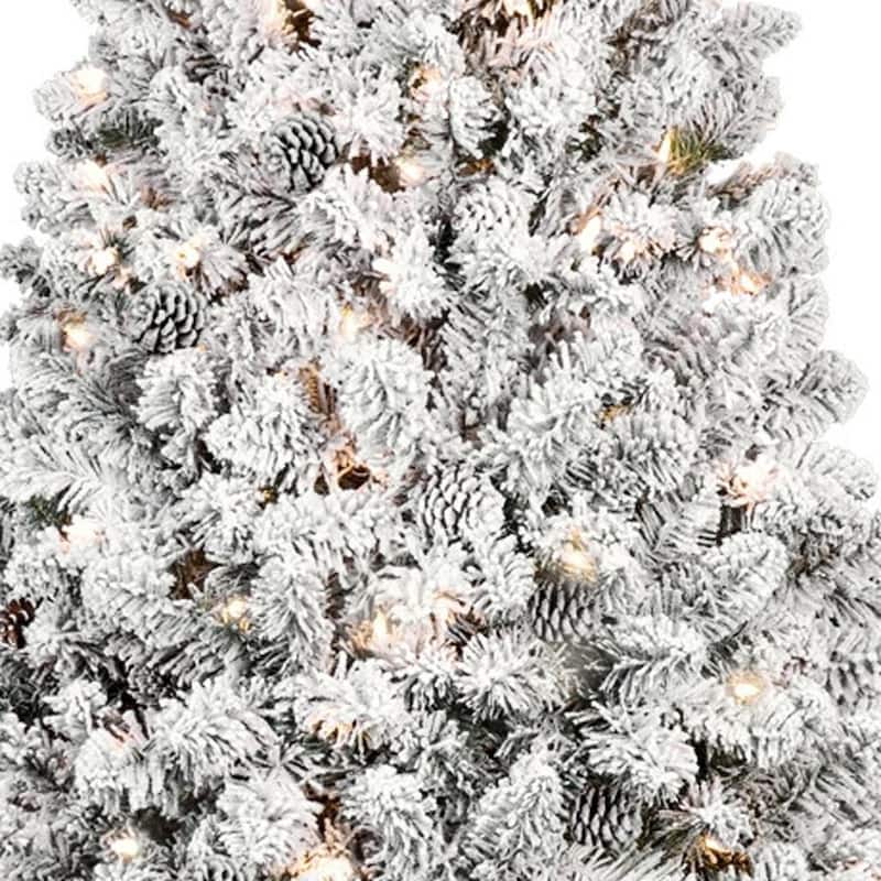 HomeRoots 5' White Pre Lit Full Flocked Fir Christmas Tree - 38.00 in. x 60.00 in. x 38.00 in.