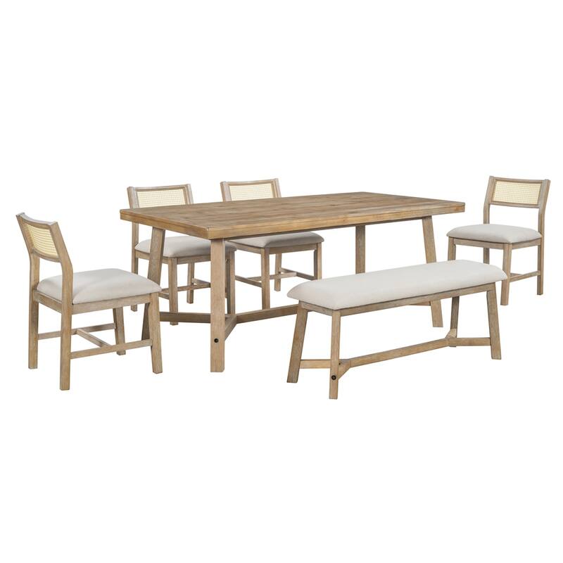 6-piece Retro Dining Set with Table,4 Upholstered Chair and Bench