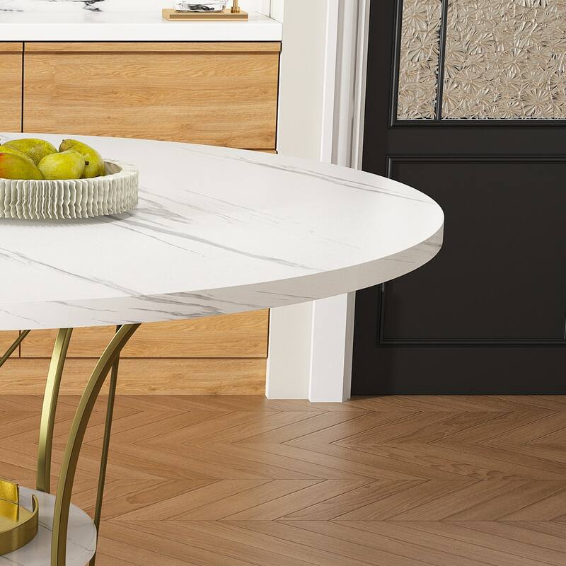 43 to 59 Inch Extendable Round Dining Table for 4-6 - Farmhouse Kitchen Table with Storage Shelf & Metal Base