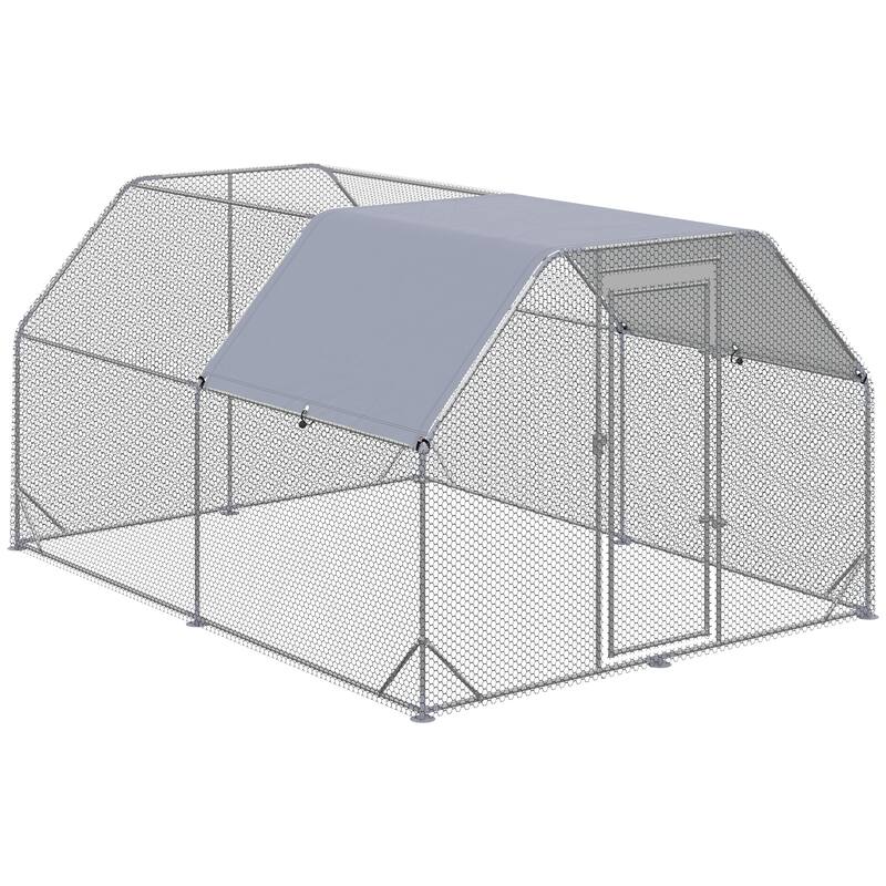 PawHut Large Chicken Coop Metal Chicken Run with Waterproof and Anti-UV Cover, Flat Shaped Walk in Fence Cage Hen House