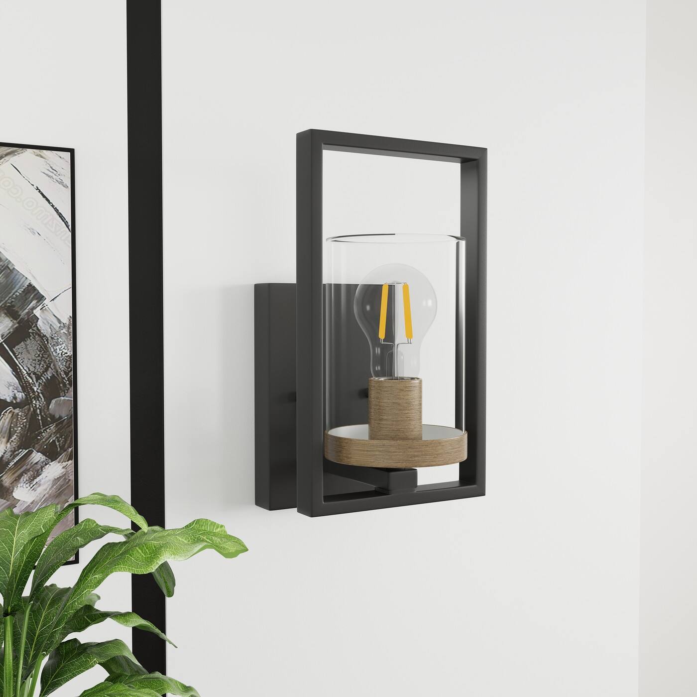 Industrial Matte Black Metal Frame Wall lamp with Cylinder Glass Shade