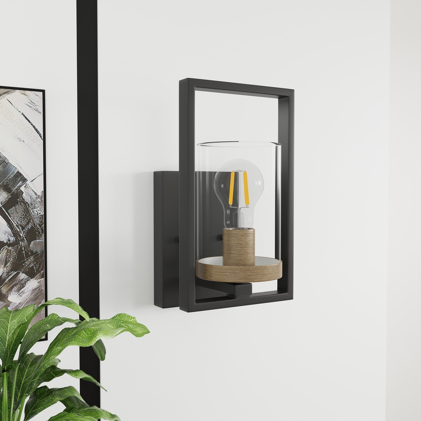 Industrial Matte Black Metal Frame Wall lamp with Cylinder Glass Shade