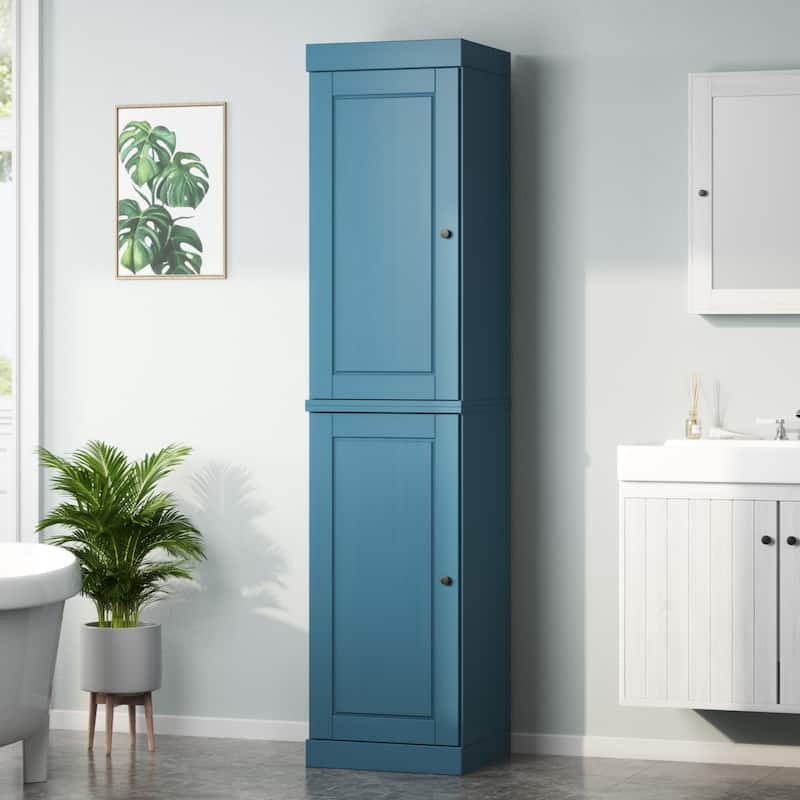 100% Solid Wood Tall Freestanding Bathroom Linen Cabinet with Doors, Adjustable Shelves, Modular Storage, 16.5" W x 71.5" H - Teal Blue