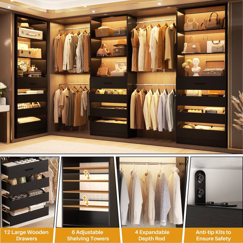 140'' Walk-in Closet Organizer System with 12 Drawers ＆ 4 Hanging Rods, 8.5-11.5FT Wooden Wardrobe Clothes Rack with 3 Towers