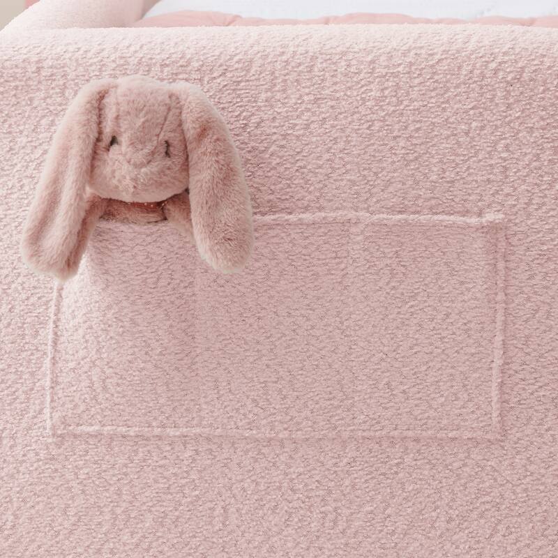 Cute Twin Size Platform Bed with Rabbit Ear Shaped Headboard, Safety Guardrails and Pockets, Boucle Fabric Upholstered Bed