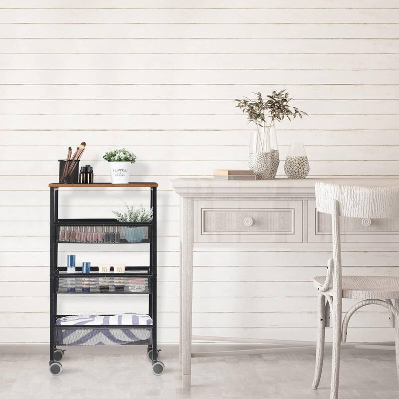 Rustic Kitchen Storage Cart, 4 Tier Kitchen Cart on Wheels, Metal Mesh Storage Pantry Cart with Lockable Wheels