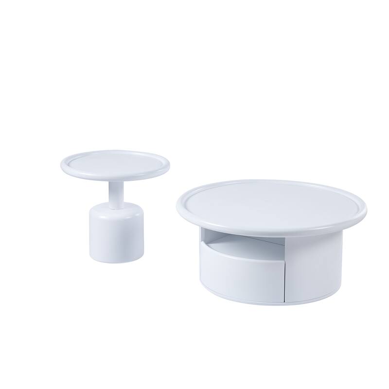 2 Pieces White MDF Round Coffee Table Set