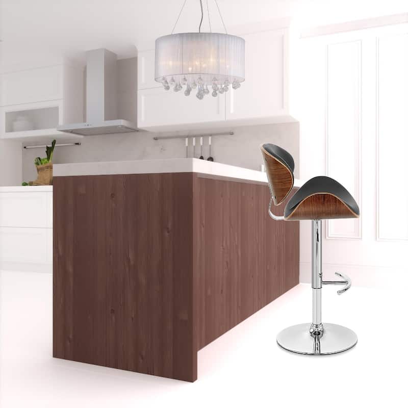 Black Faux Leather Adjustable Height Swivel Bar Chair with Chrome and Wood Pedestal - 20” x 21” x 41” (D x W x H)