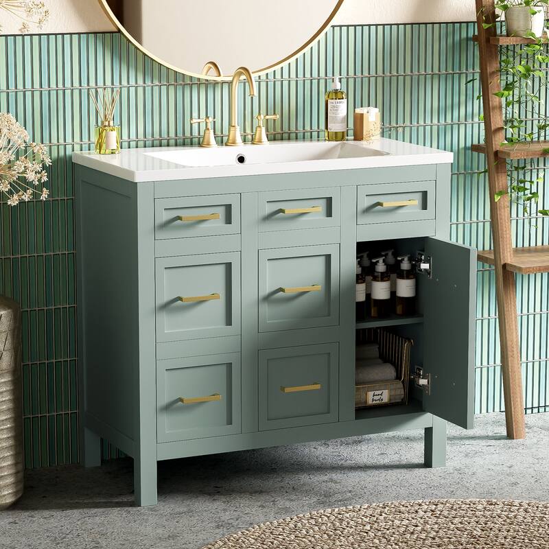 36" Bathroom Vanity Cabinet with Center Rectangular Resin Sink, 4 Drawers Bathroom Storage Cabinet w/ Adjustable Shelves, Green - 36 Inch - Green