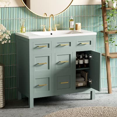 36"Bathroom Vanity Cabinet with Resin Integrated Sink - 4 Drawers,2 Doors,Green