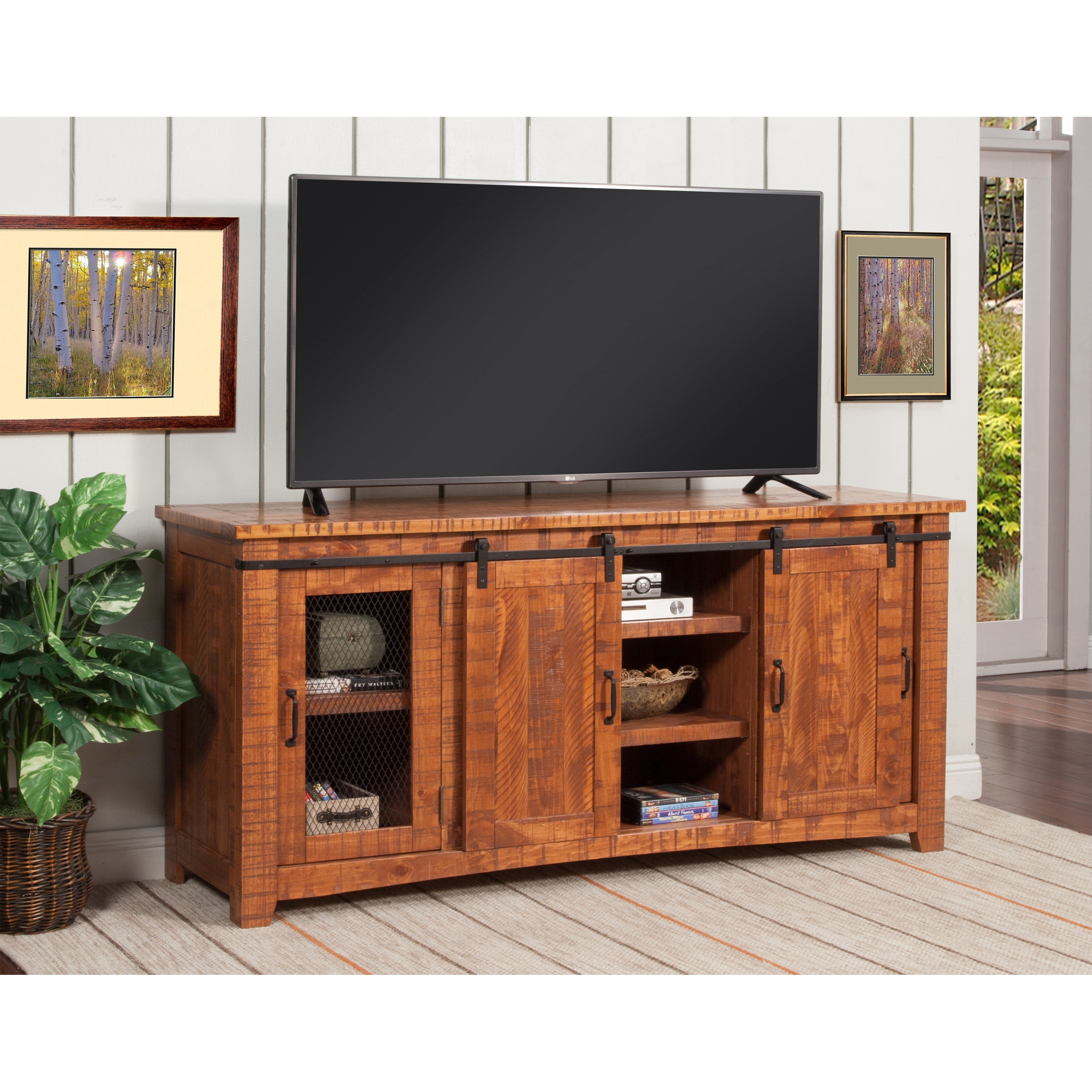 Rustic Farmhouse 65 Inch Wide Solid Wood TV Stand On Sale Bed