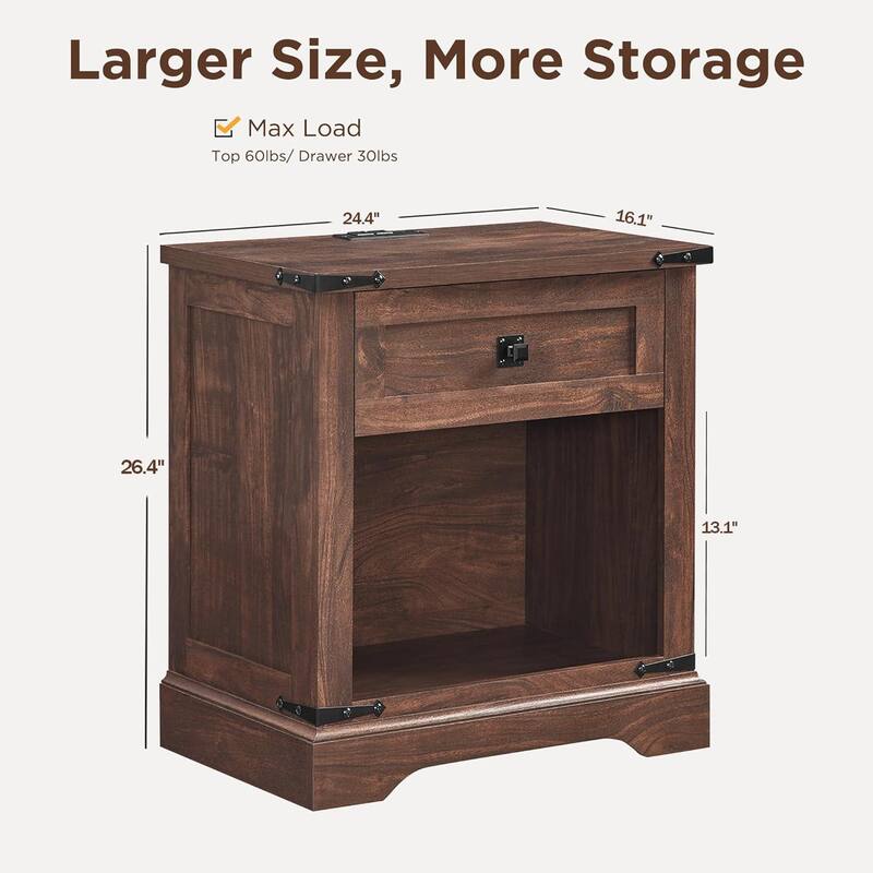 Farmhouse Nightstand with Charging Station，Beside Table for Bedroom