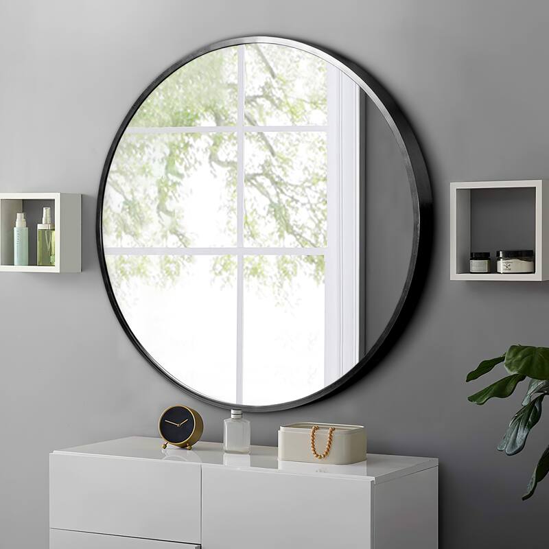 Wall Round Mirror 30'' Modern Brushed Metal Frame Wall-Mounted