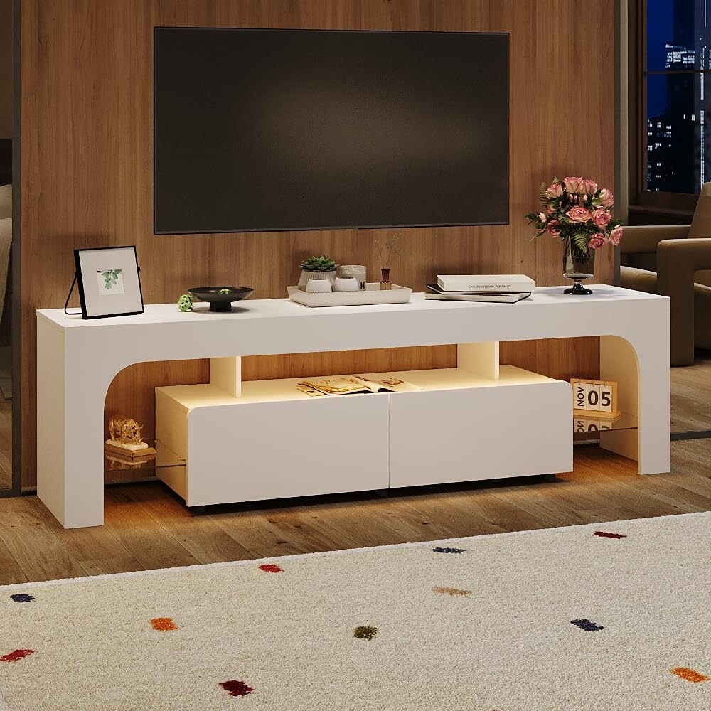 63 Inch TV Stand, Modern Lighting TV Cabinet Entertainment Center Media with 2 Drawer, Open Shelf