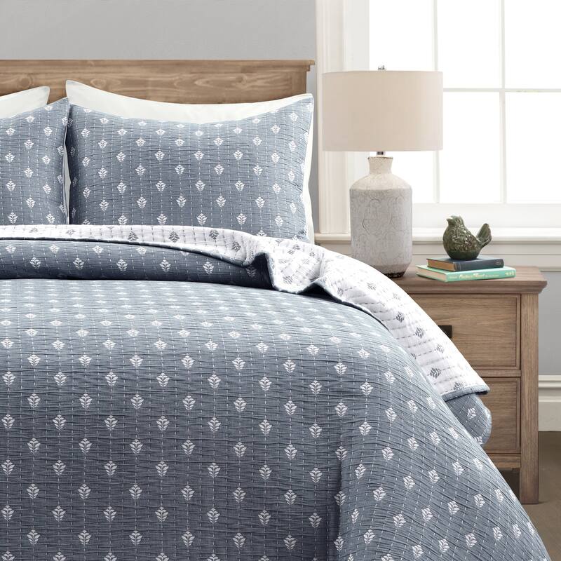 Lush Decor Hygge Kantha Pick Stitch Yarn Dyed Cotton Jacquard 3 Piece Quilt/Coverlet Set