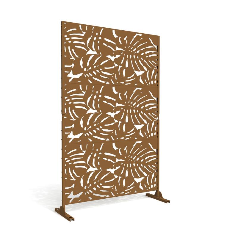 Outdoor Free Standing Metal Privacy Screen - Leaf - Brown-Leaf