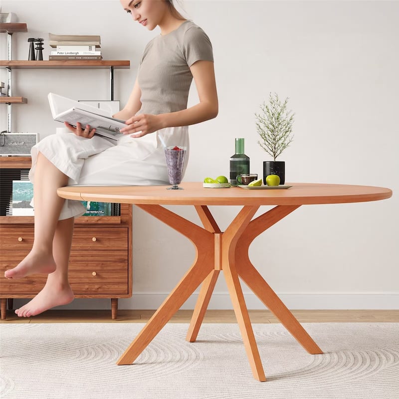 47.2" Solid Wood Round Dining Table for 4-6 People with Intersecting Pedestal Base
