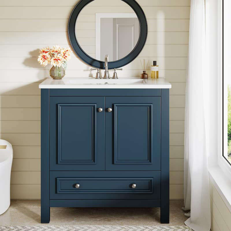 Modern Bathroom Vanity with Sink, Vanity Cabinet with Drawer and Door Organizer - 30 In - Misty Blue