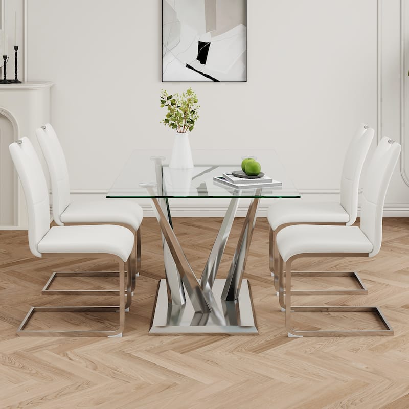 63" Glass Dining Table Set for 4, 5 Piece Dining Table and Chairs Set, Rectangular Table with 4 Faux Leather Chairs & Metal Legs