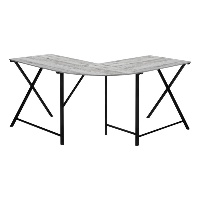L-Shaped Computer Desk, 55" Grey Laminate, Black Metal, Corner Design, Modern Office