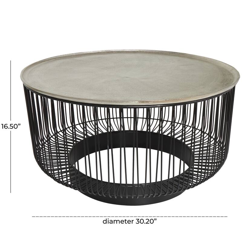 Black Aluminum Open Frame Wire Geometric Coffee Table with Silver Aluminum Top