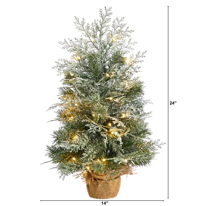 2' Winter Frosted Christmas Tree with 35 LED Lights in Burlap Base - 24