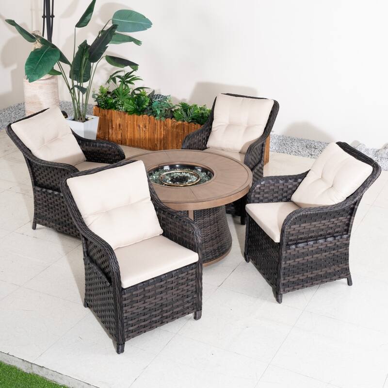 5-piece Modern Patio Round Fire Pit Table Set with 4 Wicker Chairs
