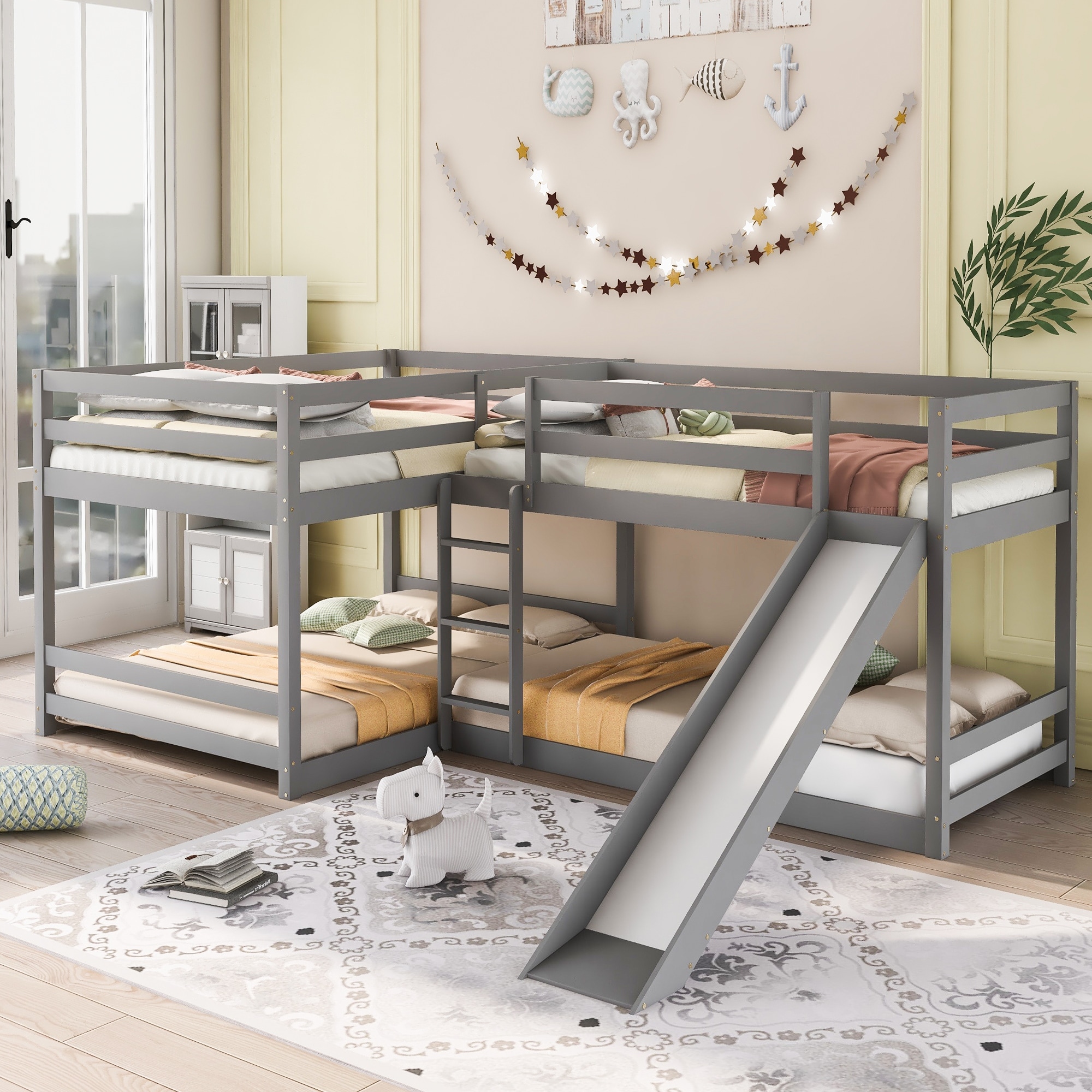 L Shaped Full Twin Size Bunk Bed with Slide Short Ladder