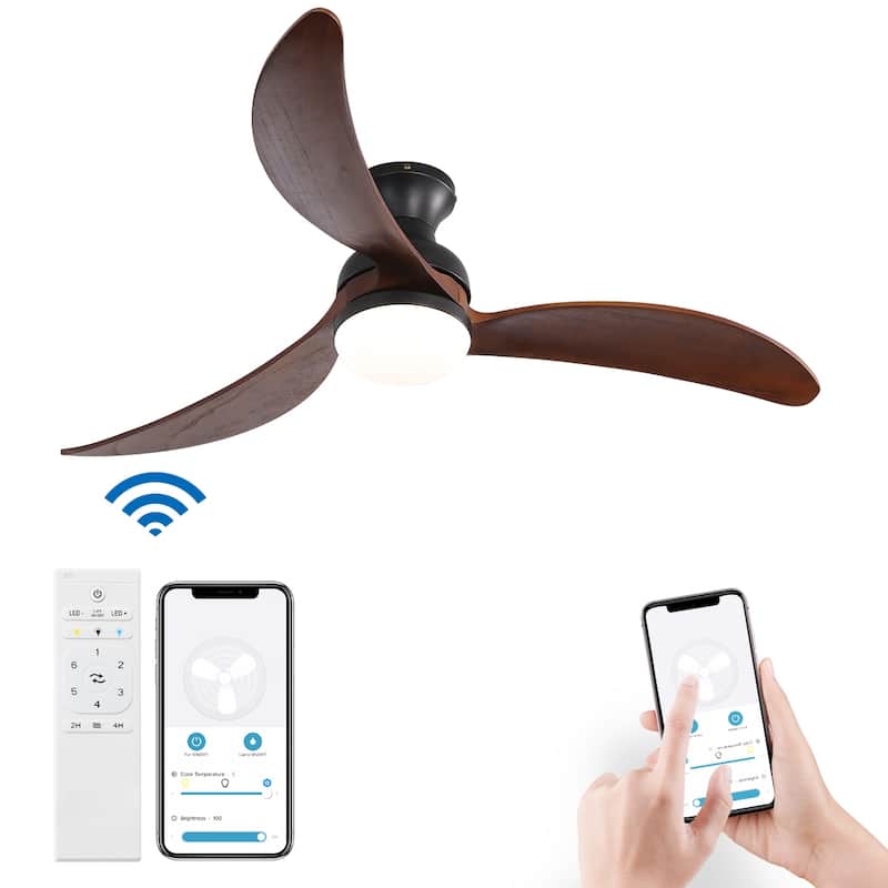 52" Low Profile Smart Ceiling Fan with LED Light, Remote or Phone APP Control,Black with Walnut Blades