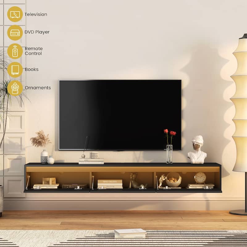 64.96" Floating TV Stand with Open Shelves, LED Lights and Power Outlet for TVs Up to 60"